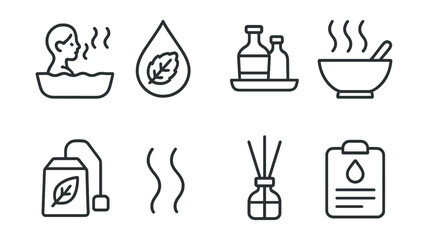 Line style icons of aroma in bath: inhalation icon, menthol drop, bottle tray, steam aroma mix, herb infusion bag, scent symbol, diffuser stick, essential recipe icon.