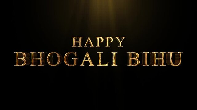 luxury Happy Bihu golden text intro with black background, 