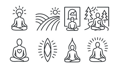 Line style icons of meditation and mindfulness: visualizing light icon, golden field symbol, safe space room, forest path mind image, heart center glow, energy shape, peace visualization, bright