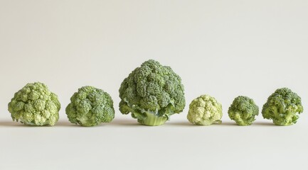 Obraz premium Five broccoli heads in a row, varying in size, against a light background