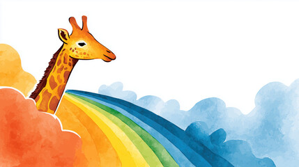 Naklejka premium Watercolor giraffe peeking from rainbow clouds.