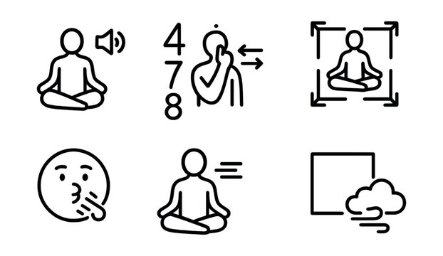 Line style icons of yoga and breathwork: guided breath icon, 4–7–8 technique, alternate nostril breathing, square breathing icon, breath hold circle, calming rhythm, box breath frame, breath cloud.