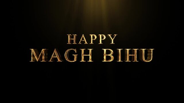 luxury Happy Bihu golden text intro with black background, 