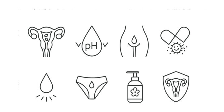 Line style icons of women’s health: vaginal microbiome, pH balance icon, healthy discharge guide, probiotic support, dryness droplet, intimate hygiene icon, safe wash product, flora protection.