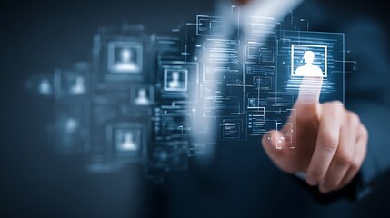 Human resource management technology (HR), Human resource manager touching human resource network structure and checks the CV online to choose the perfect employee for company, Effective recruitment