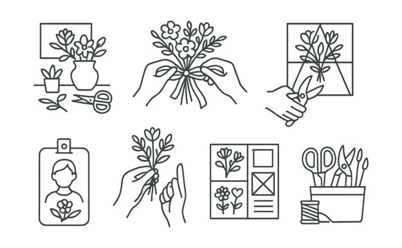 Line style icons of floristry: workshop space icon, florist hands tying ribbon, stem trimming, bouquet composition guide, student badge, creative moodboard, hands-on instruction, floral toolkit.