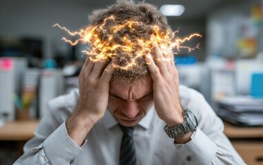 Mental burden: human mind with blinking alert signal, heat ripple vision symbolizing exhaustion, fatigue, tiredness, excessive office activity, overwork, burnout, person under cognitive pressure