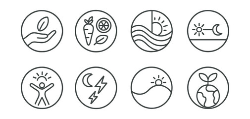 Line style icons of wellness and healthy living: nature-based habit icon, seasonal eating badge, living with rhythm chart, sunrise and sleep balance, aligned with light icon, moon and energy flow,