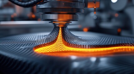 High-tech automated laser processing of carbon fiber composite material.  Close-up view of a  precisely controlled laser beam shaping a carbon fiber composite sheet.  