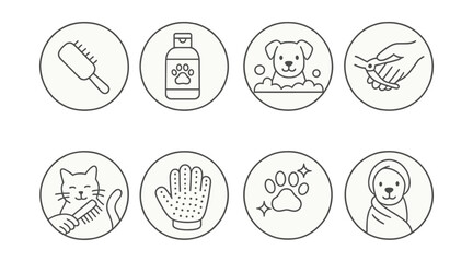 Line style icons of pets at home: grooming brush icon, pet shampoo bottle, bath time dog, nail trim circle, combing cat icon, fur removal glove, clean paw icon, towel wrap after wash. Circular icons