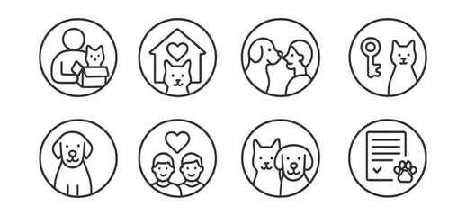 Line style icons of pets at home: adoption process icon, shelter love heart, meet and greet symbol, forever home key, new family badge, rescued and loved icon, pet match symbol, signed adoption paper