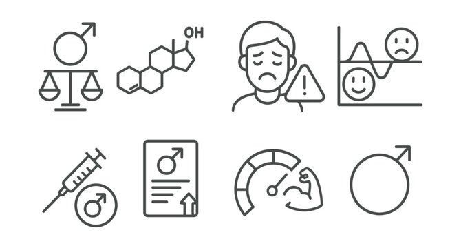 Line style icons of men&rsquo;s health: hormone balance icon, testosterone molecule, fatigue alert icon, mood changes chart, hormone therapy icon, hormone lab result, strength level bar, hormonal cycle.