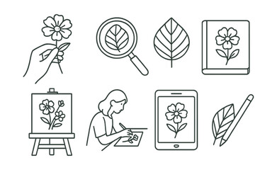 Line style icons of botanical illustration: hand holding flower sketch, close-up botanical lens, leaf veins zoom, botanical notebook icon, artboard with flowers, drawing session scene, digital