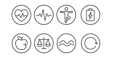 Line style icons of wellness and healthy living: heart health icon, pulse and calm line, body balance figure, energy restore icon, immune boost apple, hormone balance scale, digestion support wave,