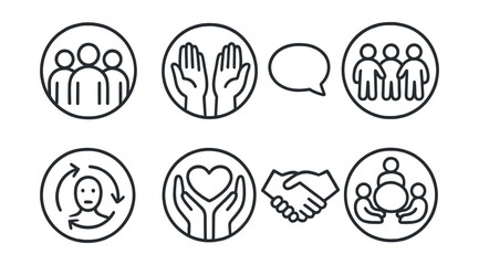 Line style icons of wellness and healthy living: support system icon, helping hands badge, open talk bubble, friendship ring icon, empathy arrows, sharing safely icon, mutual care handshake, wellness