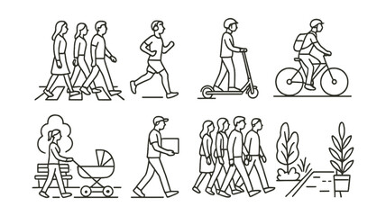 Line style icons of urban life: people walking in crosswalk, jogger with headphones, person on e-scooter, urban cyclist with backpack, stroller in park lane, delivery walker icon, busy pedestrian