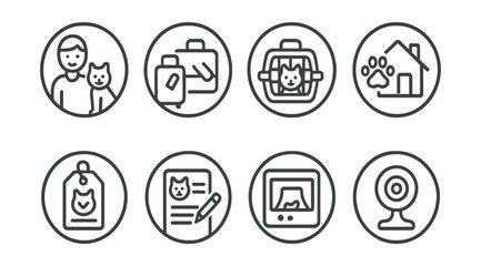 Naklejka na ściany i meble Line style icons of pets at home: pet sitter icon, travel prep for pet, stay home helper, care instruction tag, daily log for sitter, comfort item in crate, video check-in, pet camera icon. Circular