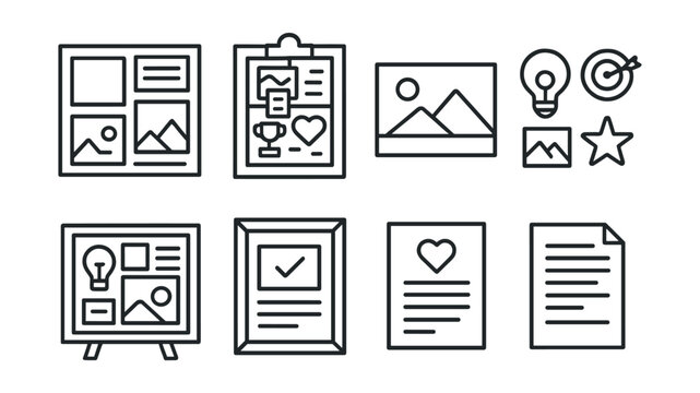 Line style icons of motivation and inspiration: vision board layout, collage of dreams, visual goal card, photo of dream place, symbolic image collection, wishboard setup, dream plan in frame,