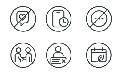Line style icons of digital minimalism: social media boundary icon, limited app use badge, no endless stories ring, real interaction icon, unfollow clutter symbol, mindful sharing icon, social detox
