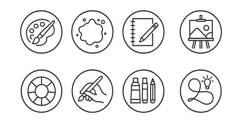 Line style icons of hobbies and creativity: paintbrush and palette icon, watercolor splash circle, pencil and sketchpad, easel with canvas, color wheel symbol, hand holding brush, art supplies set,