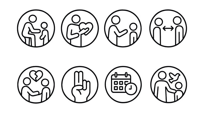 Line style icons of family and parenting: gentle discipline symbol, boundaries with love icon, calm correction circle, mutual respect icon, repair after conflict, pause before react badge, consistent