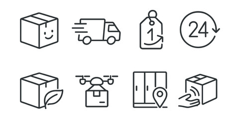 Line style icons of logistics and delivery: delivery box with smile, fast delivery icon, next-day tag, 24-hour delivery badge, eco-delivery leaf, drone delivery icon, locker pickup symbol,