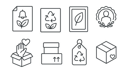 Line style icons of eco delivery: delivery notice with eco message, branded insert with recycling tips, thank-you card with green message, customer sustainability badge, unpacking care note,