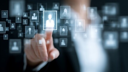 Human resource management technology (HR), Human resource manager touching human resource network structure and checks the CV online to choose the perfect employee for company, Effective recruitment