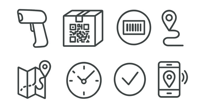 Line style icons of logistics and delivery: barcode scanner icon, QR code on box, tracking number badge, location pin on route, map with delivery path, estimated time window, status check icon, live