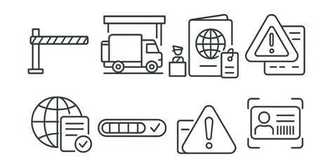 Fototapeta premium Line style icons of international logistics: border control gate icon, truck at customs checkpoint, passport for goods, border delay warning, international regulation icon, clearance progress bar,