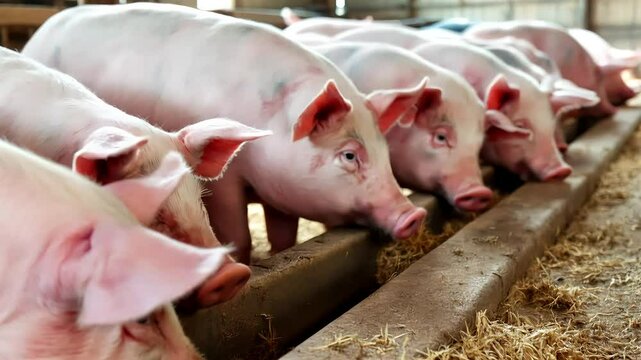  Group of pigs eating from a trough in a barn