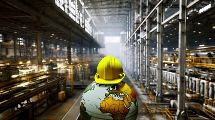 A yellow hard hat rests atop a globe, situated within a large, industrial factory setting.   - Powered by Adobe