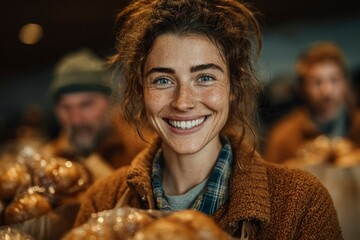 Naklejka premium A cheerful individual with a radiant smile surrounded by freshly baked bread in a cozy bakery