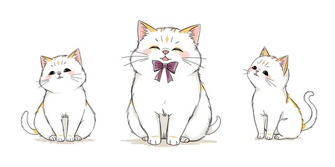 Fototapeta premium Hand-drawn sketch of a chubby cat with soft fur and a bow, in a color sketchnote style. The cat is depicted in whimsical situations, using smooth ink lines and diffused shadows, and subtle 