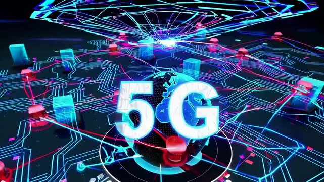 Dynamic 5g network visualization with futuristic digital connections and vibrant technology elements - Powered by Adobe