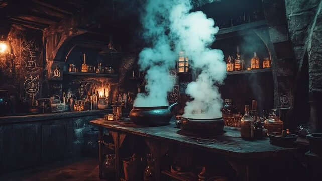 Mystical alchemy lab with steaming cauldrons and potion bottles, creating a smoky atmosphere