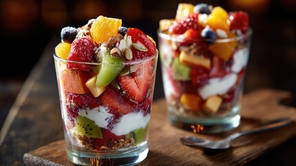 Fruity Parfait Delight Vibrant Summer Treat with Glass Jar, and Wooden Board.