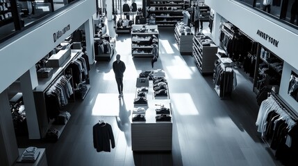 Obraz premium Spacious retail store featuring modern clothing displays and customers