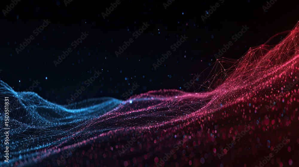 Aufkleber abstract digital wave blue red connected particle mesh on dark backdrop.