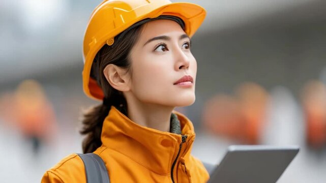 Visionary Builder: A determined construction worker with focused gaze, clad in safety gear, holding a digital tablet, exemplifying competence and diligence on the job site.