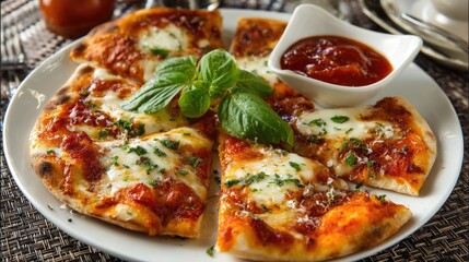 Pizza Margherita slices with fresh basil and tomato sauce on white plate.