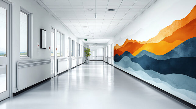Hospital corridor near ICU mural of abstract resilience hope offer quiet strength Fluid shape gentle uplifting symbols wall provide comfort visitors staff symbolizing enduring spirit challenging times