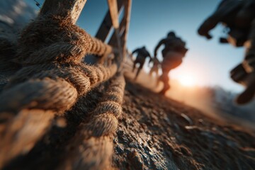 Climbing Rope and Teamwork A Dynamic Scene of Adventure and Unity in the Outdoors