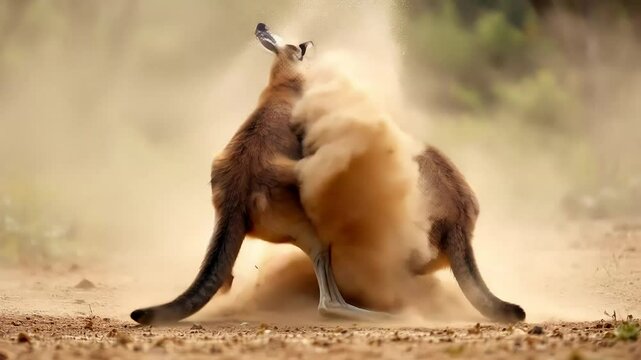 Kangaroos fighting, powerful kicks stirring dust