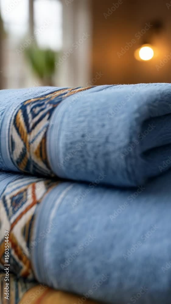 Poster stack of folded plush towels with geometric pattern displayed in warm neutral toned bathroom setting