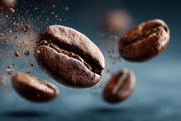 Roasted Coffee Beans in Motion Against Dark Blue Background