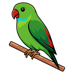 Colorful Cartoon Parrot Vector Sitting on a Branch - Cute Green Tropical Bird Illustration Isolated on White Background