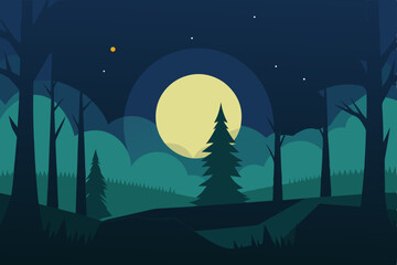 Fototapeta premium Dark starry night landscape with a full moon and silhouetted tree