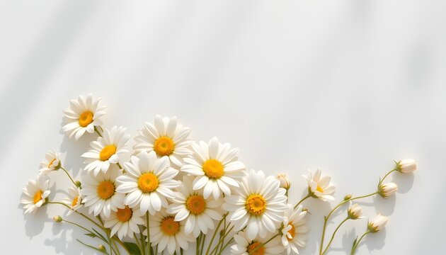 a pristine daisy collection, each bloom flawlessly isolated on white, viewed from an aerial perspective high above, airy pastel hues suffuse the scene, creating a peaceful, dreamlike quality