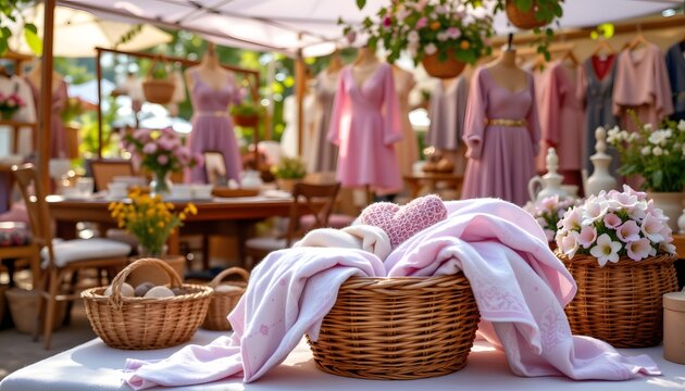 a textural still life position portraying a celebration of handcrafted artistry: intricately woven textiles spill gently from a well worn wicker basket amidst a summer outdoor markets display of vinta